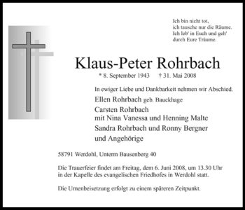 Todesanzeige von Klaus-Peter Rohrbach von WESTFÄLISCHER ANZEIGER