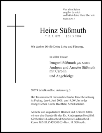 Todesanzeige von Heinz Süßmuth von WESTFÄLISCHER ANZEIGER