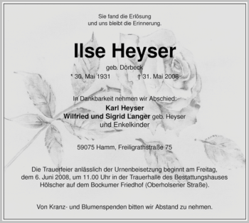 Todesanzeige von Ilse Heyser von WESTFÄLISCHER ANZEIGER