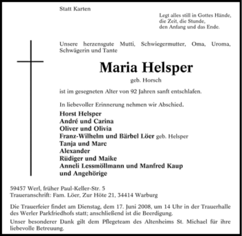 Todesanzeige von Maria Helsper von WESTFÄLISCHER ANZEIGER
