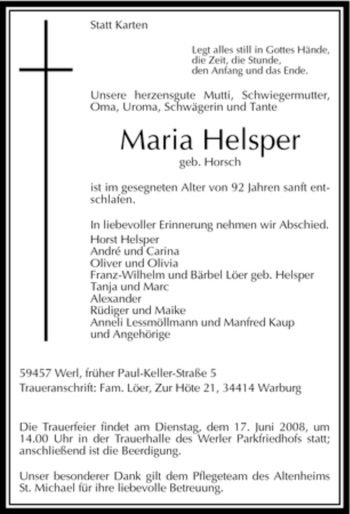 Todesanzeige von Maria Helsper von WESTFÄLISCHER ANZEIGER