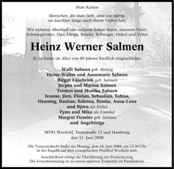 Todesanzeige von Heinz Werner Salmen von WESTFÄLISCHER ANZEIGER