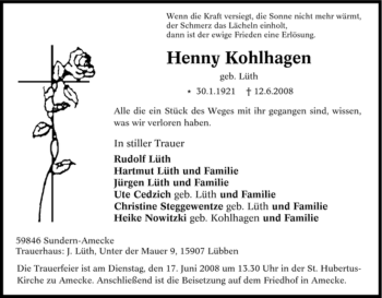 Todesanzeige von Henny Kohlhagen von WESTFÄLISCHER ANZEIGER