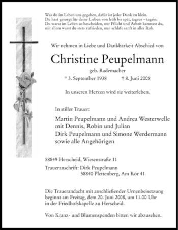 Todesanzeige von Christine Peupelmann von WESTFÄLISCHER ANZEIGER