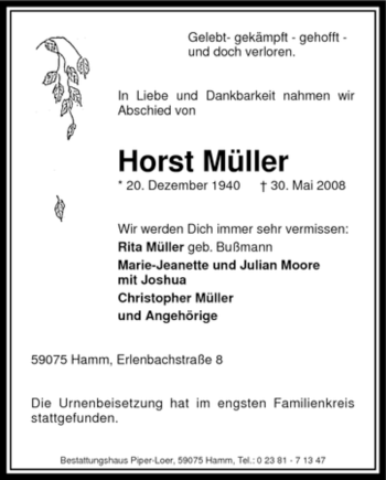 Todesanzeige von Horst Müller von WESTFÄLISCHER ANZEIGER