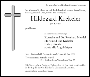 Todesanzeige von Hildegard Krekeler von WESTFÄLISCHER ANZEIGER