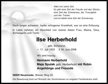 Todesanzeige von Ilse Herberhold von WESTFÄLISCHER ANZEIGER