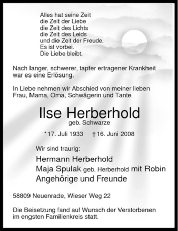 Todesanzeige von Ilse Herberhold von WESTFÄLISCHER ANZEIGER