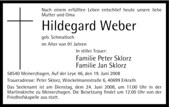 Todesanzeige von Hildegard Weber von WESTFÄLISCHER ANZEIGER