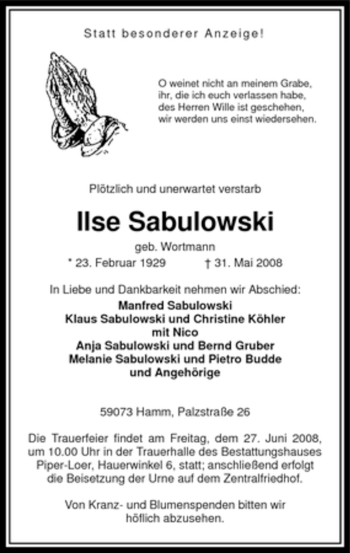Todesanzeige von Ilse Sabulowski von WESTFÄLISCHER ANZEIGER