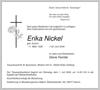 Todesanzeige von Erika Nickel von WESTFÄLISCHER ANZEIGER