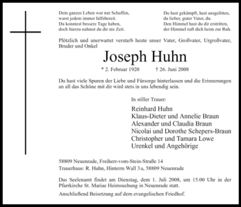 Todesanzeige von Joseph Huhn von WESTFÄLISCHER ANZEIGER