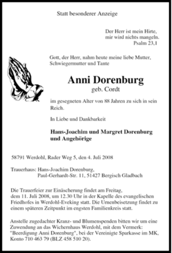 Todesanzeige von Anni Dorenburg von WESTFÄLISCHER ANZEIGER