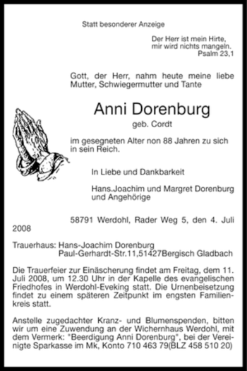 Todesanzeige von Anni Dorenburg von WESTFÄLISCHER ANZEIGER