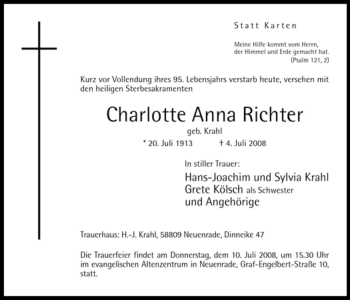 Todesanzeige von Charlotte Anna Richter von WESTFÄLISCHER ANZEIGER