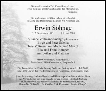 Todesanzeige von Erwin Söhnge von WESTFÄLISCHER ANZEIGER