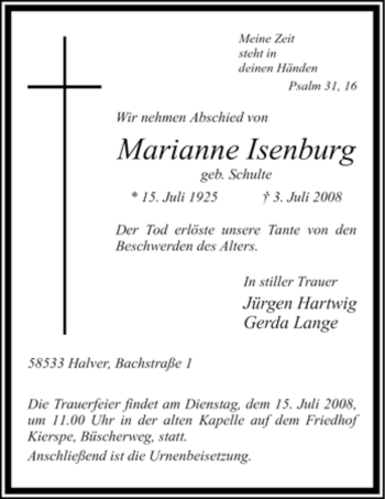 Todesanzeige von Marianne Isenburg von WESTFÄLISCHER ANZEIGER