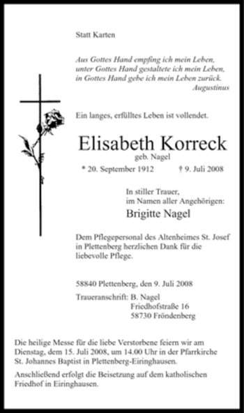 Todesanzeige von Elisabeth Korreck von WESTFÄLISCHER ANZEIGER