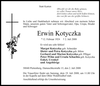 Todesanzeige von Erwin Kotyczka von WESTFÄLISCHER ANZEIGER