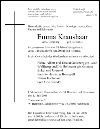 Todesanzeige von Emma Kraushaar von WESTFÄLISCHER ANZEIGER