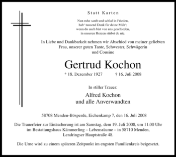 Todesanzeige von Gertrud Kochon von WESTFÄLISCHER ANZEIGER