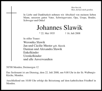 Todesanzeige von Johannes Slawik von WESTFÄLISCHER ANZEIGER