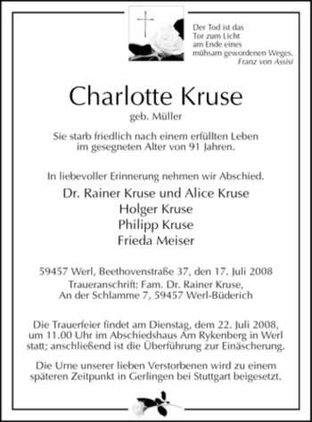 Todesanzeige von Charlotte Kruse von WESTFÄLISCHER ANZEIGER