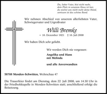 Todesanzeige von Willi Bremke von WESTFÄLISCHER ANZEIGER
