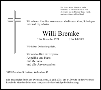 Todesanzeige von Willi Bremke von WESTFÄLISCHER ANZEIGER