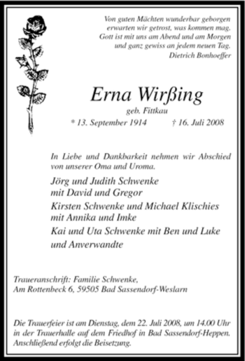 Todesanzeige von Erna Wirßing von WESTFÄLISCHER ANZEIGER