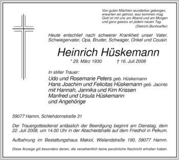 Todesanzeige von Heinrich Hüskemann von WESTFÄLISCHER ANZEIGER