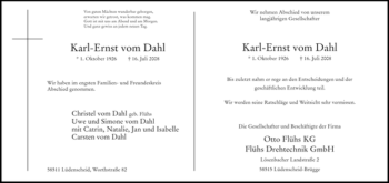 Todesanzeige von Karl-Ernst vom Dahl von WESTFÄLISCHER ANZEIGER