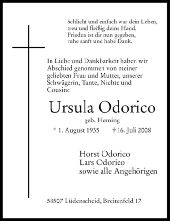 Todesanzeige von Ursula Odorico von WESTFÄLISCHER ANZEIGER