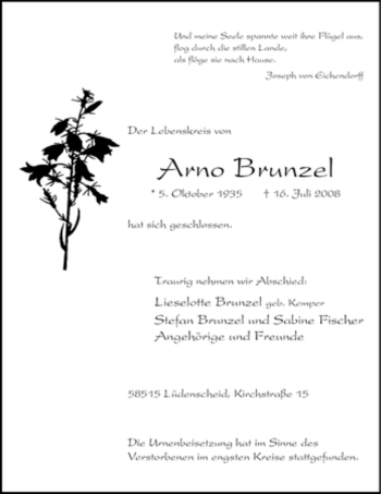Todesanzeige von Arno Brunzel von WESTFÄLISCHER ANZEIGER