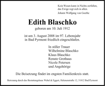 Todesanzeige von Edith Blaschko von WESTFÄLISCHER ANZEIGER