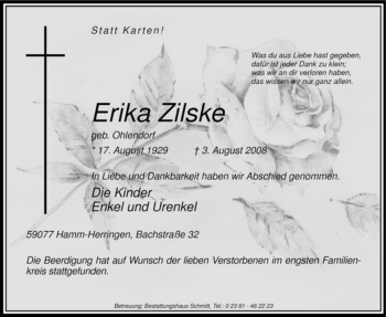 Todesanzeige von Erika Zilske von WESTFÄLISCHER ANZEIGER
