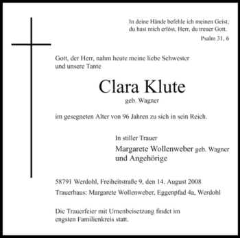 Todesanzeige von Clara Klute von WESTFÄLISCHER ANZEIGER