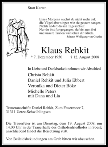 Todesanzeige von Klaus Rehkit von WESTFÄLISCHER ANZEIGER