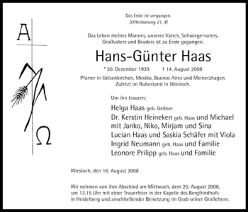 Todesanzeige von Hans-Günter Haas von WESTFÄLISCHER ANZEIGER