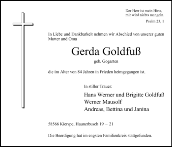Todesanzeige von Gerda Goldfuß von WESTFÄLISCHER ANZEIGER