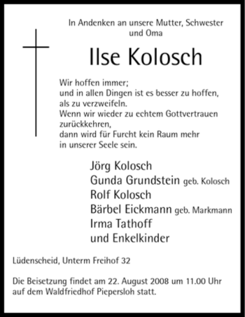 Todesanzeige von Ilse Kolosch von WESTFÄLISCHER ANZEIGER