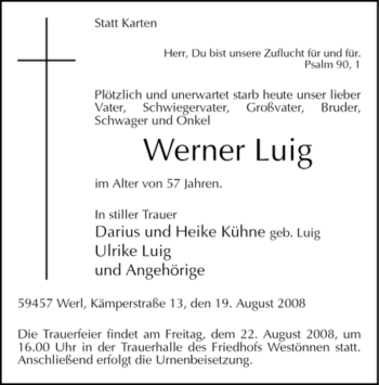 Todesanzeige von Werner Luig von WESTFÄLISCHER ANZEIGER