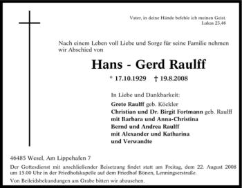 Todesanzeige von Hans-Gerd Raulff von WESTFÄLISCHER ANZEIGER