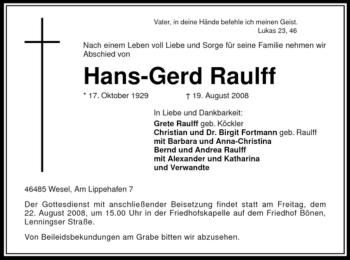 Todesanzeige von Hans-Gerd Raulff von WESTFÄLISCHER ANZEIGER