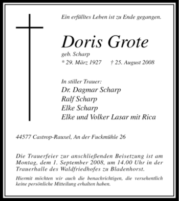 Todesanzeige von Doris Grote von WESTFÄLISCHER ANZEIGER