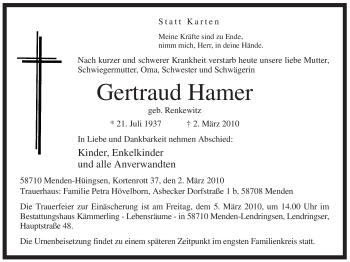 Todesanzeige von Gertraud Hamer von WESTFÄLISCHER ANZEIGER