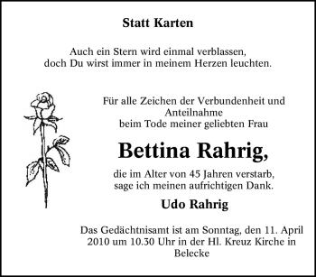 Todesanzeige von Bettina Rahrig von WESTFÄLISCHER ANZEIGER