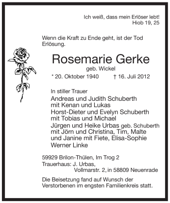 Todesanzeige von Rosemarie Gerke von WESTFÄLISCHER ANZEIGER