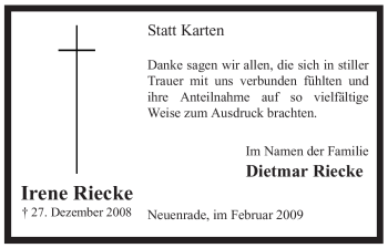 Todesanzeige von Irene Riecke von WESTFÄLISCHER ANZEIGER