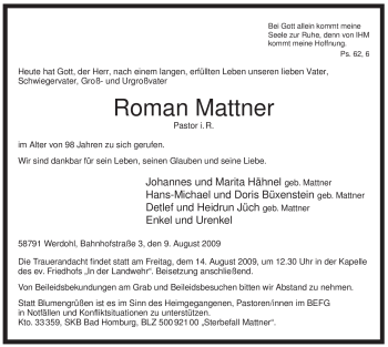 Todesanzeige von Roman Mattner von WESTFÄLISCHER ANZEIGER